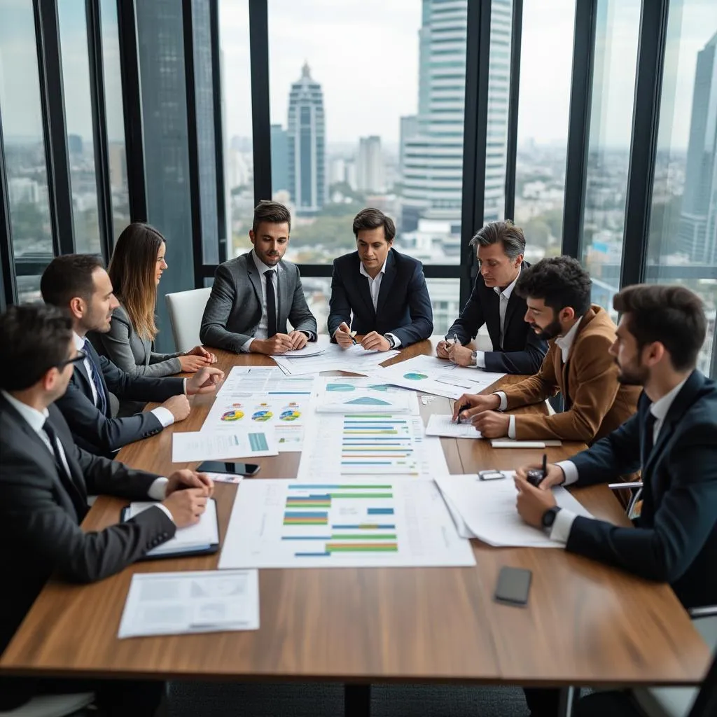 Equipo de consultores financieros en reunión estratégica